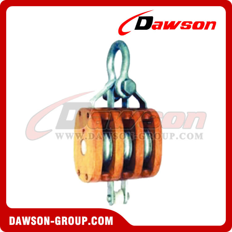 Regular Wood Block Triple Sheave With Shackle, snatch block, wooden